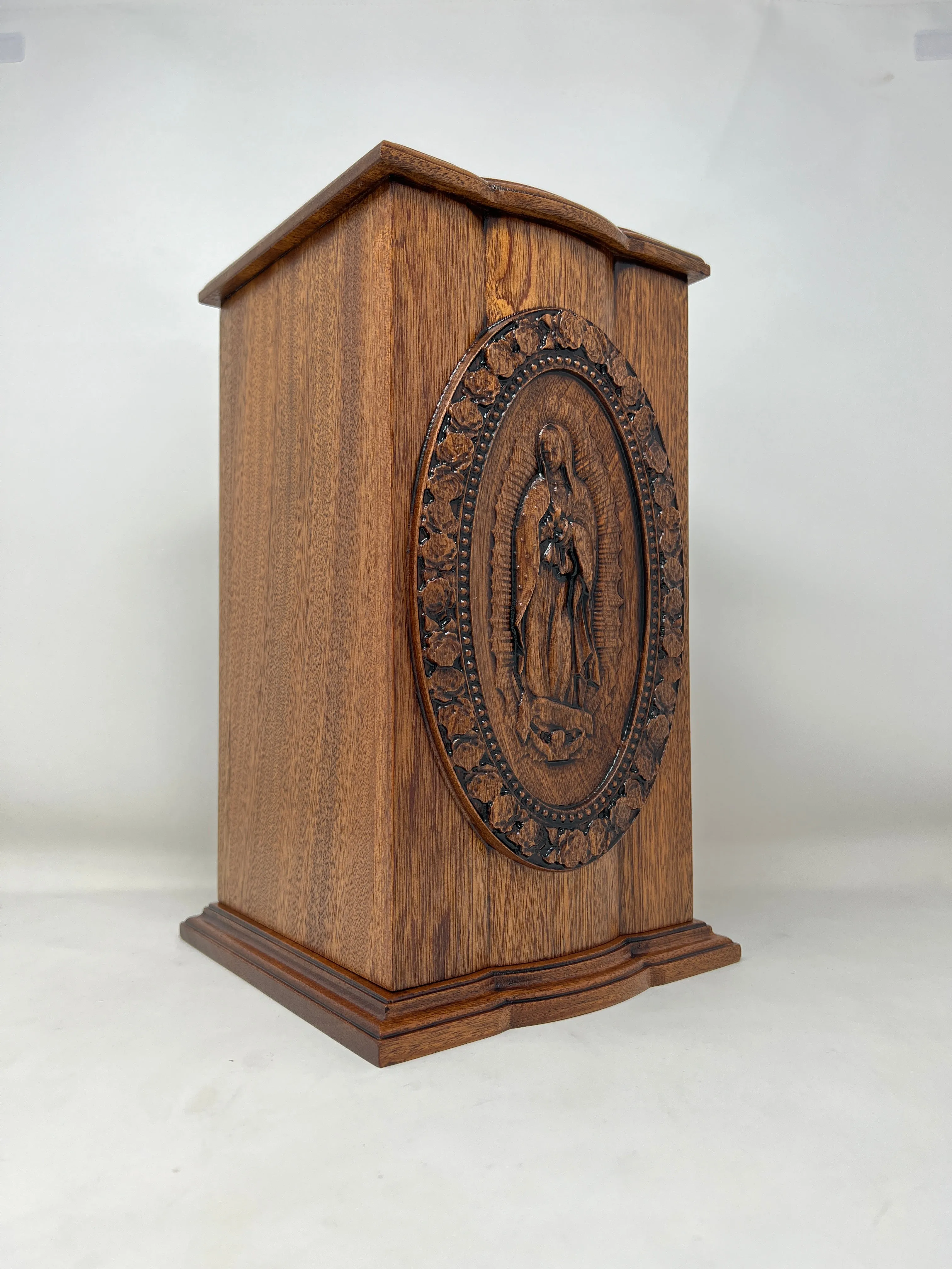 Hand-Carved Our Lady of Guadalupe Vertical Mahogany Urn