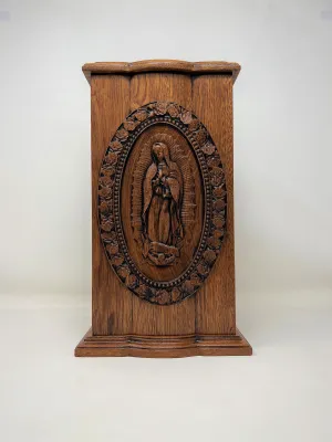 Hand-Carved Our Lady of Guadalupe Vertical Mahogany Urn