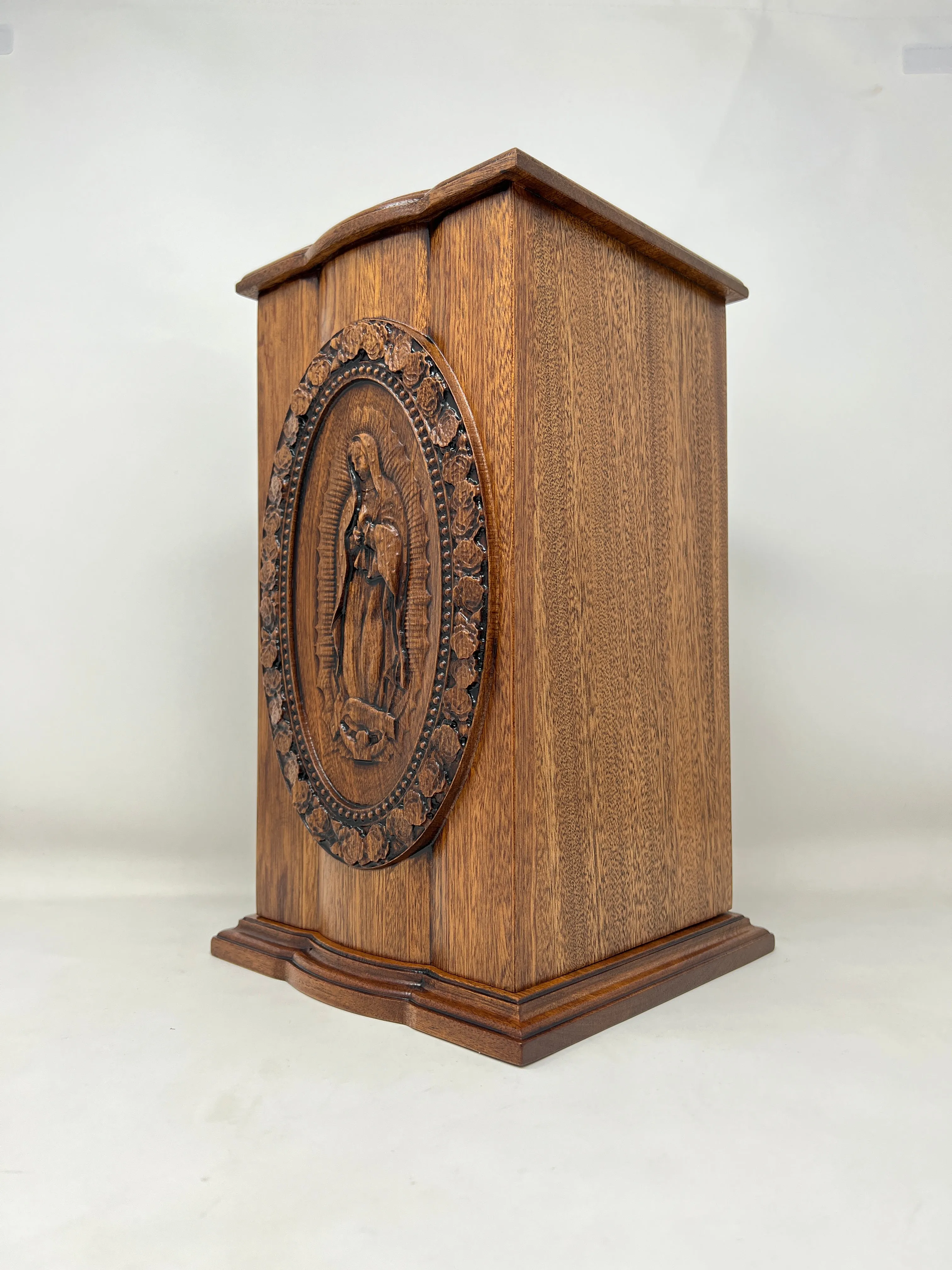 Hand-Carved Our Lady of Guadalupe Vertical Mahogany Urn