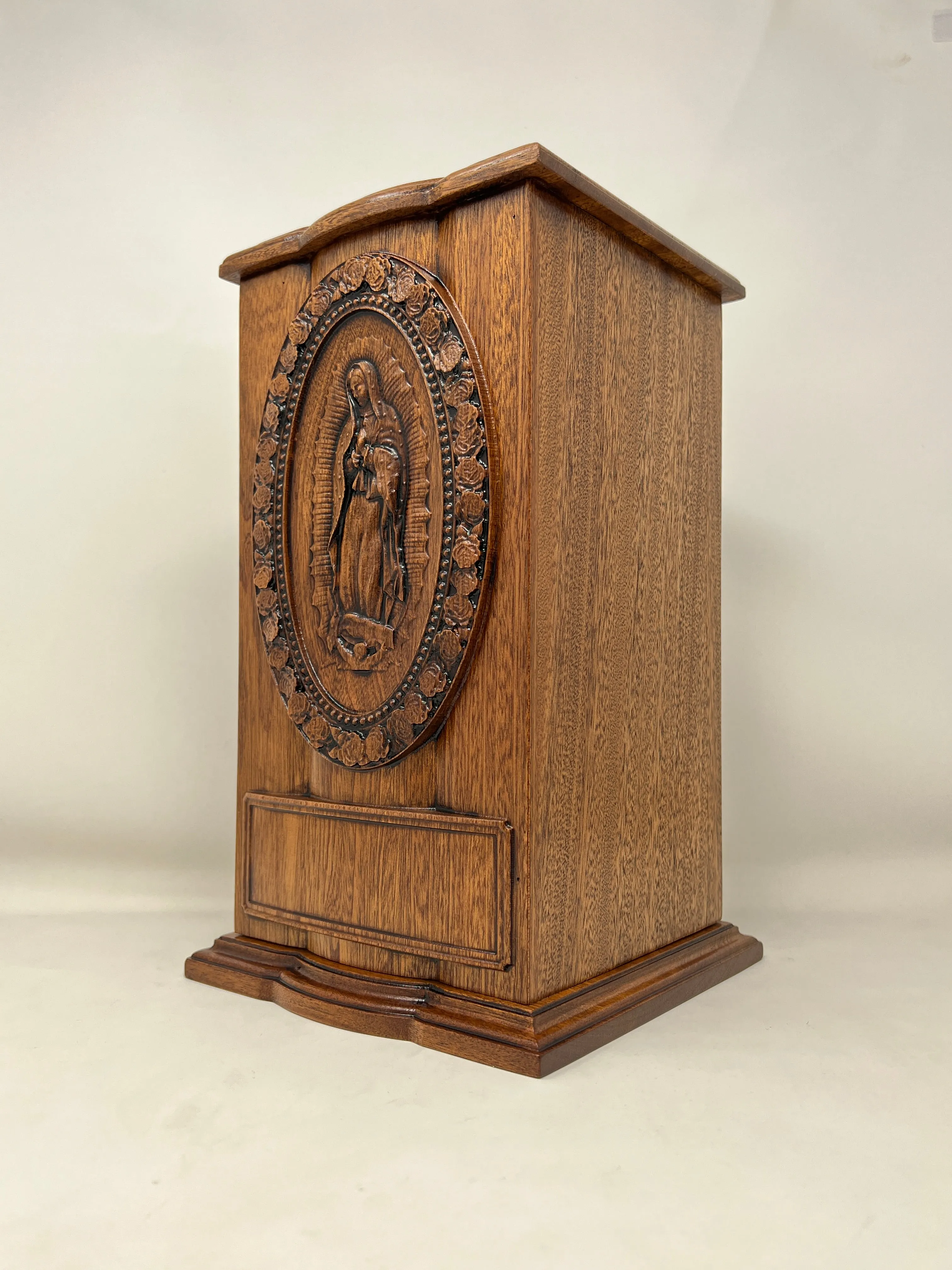 Hand-Carved Our Lady of Guadalupe Vertical Mahogany Urn