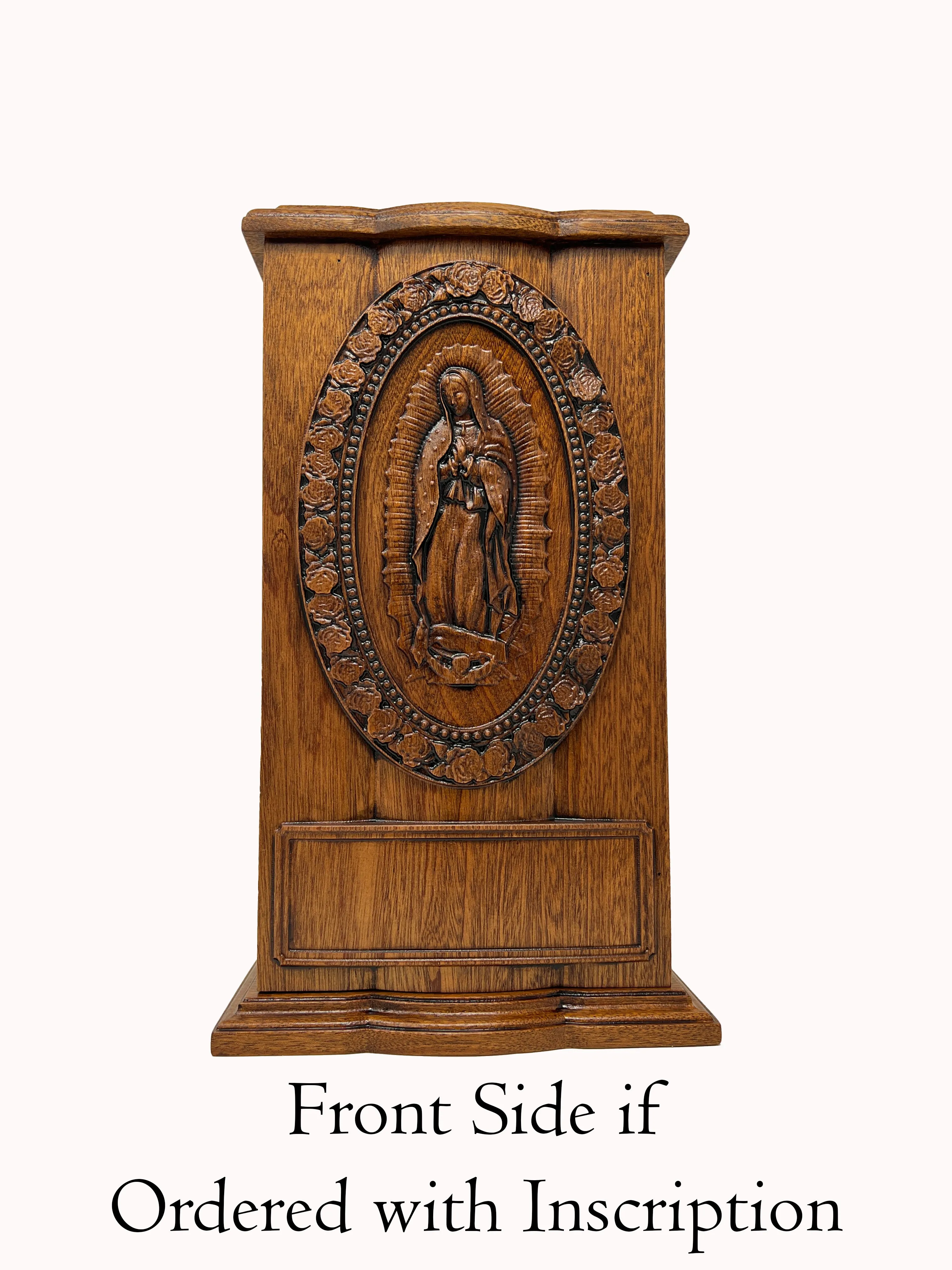 Hand-Carved Our Lady of Guadalupe Vertical Mahogany Urn