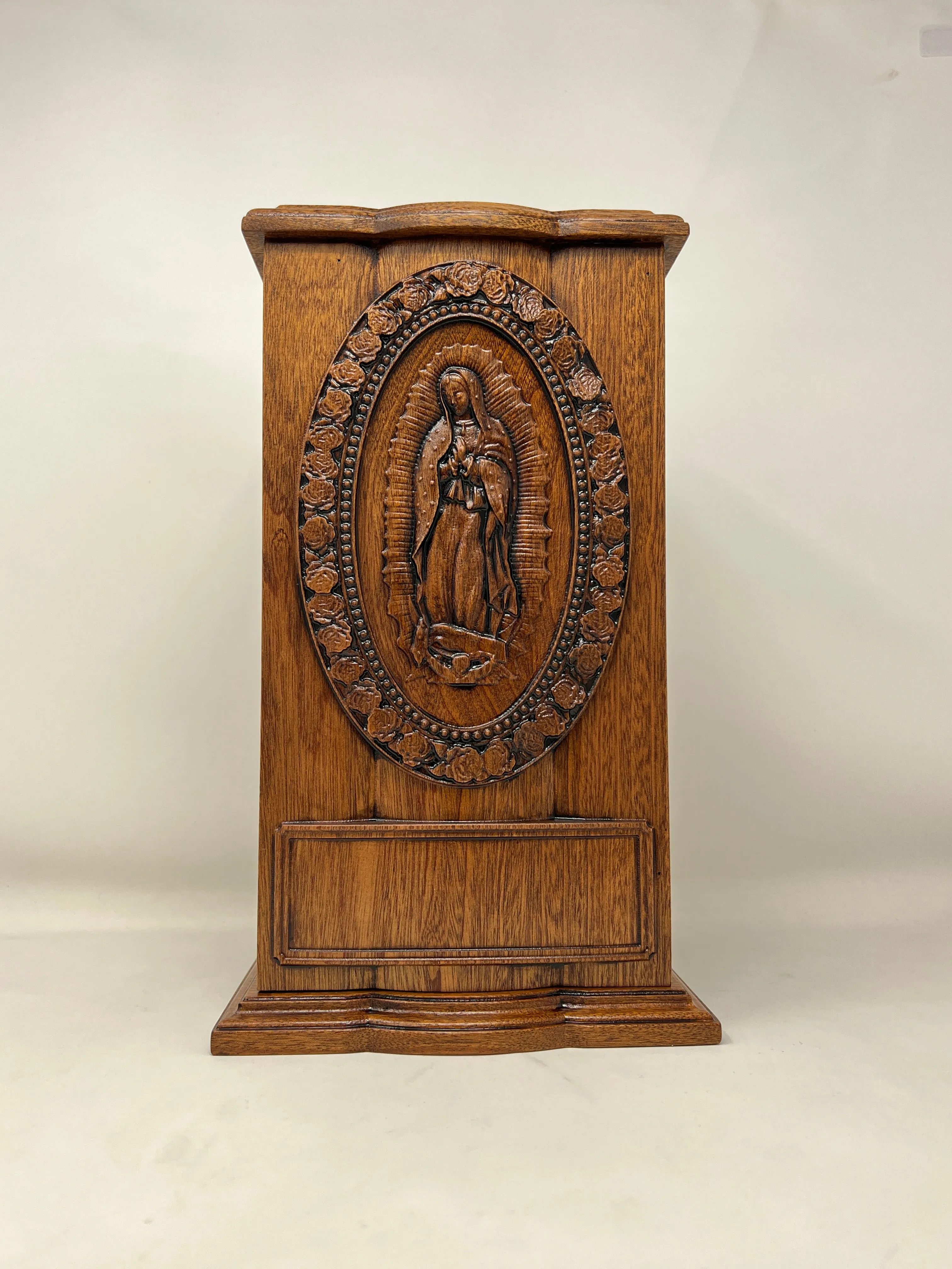 Hand-Carved Our Lady of Guadalupe Vertical Mahogany Urn