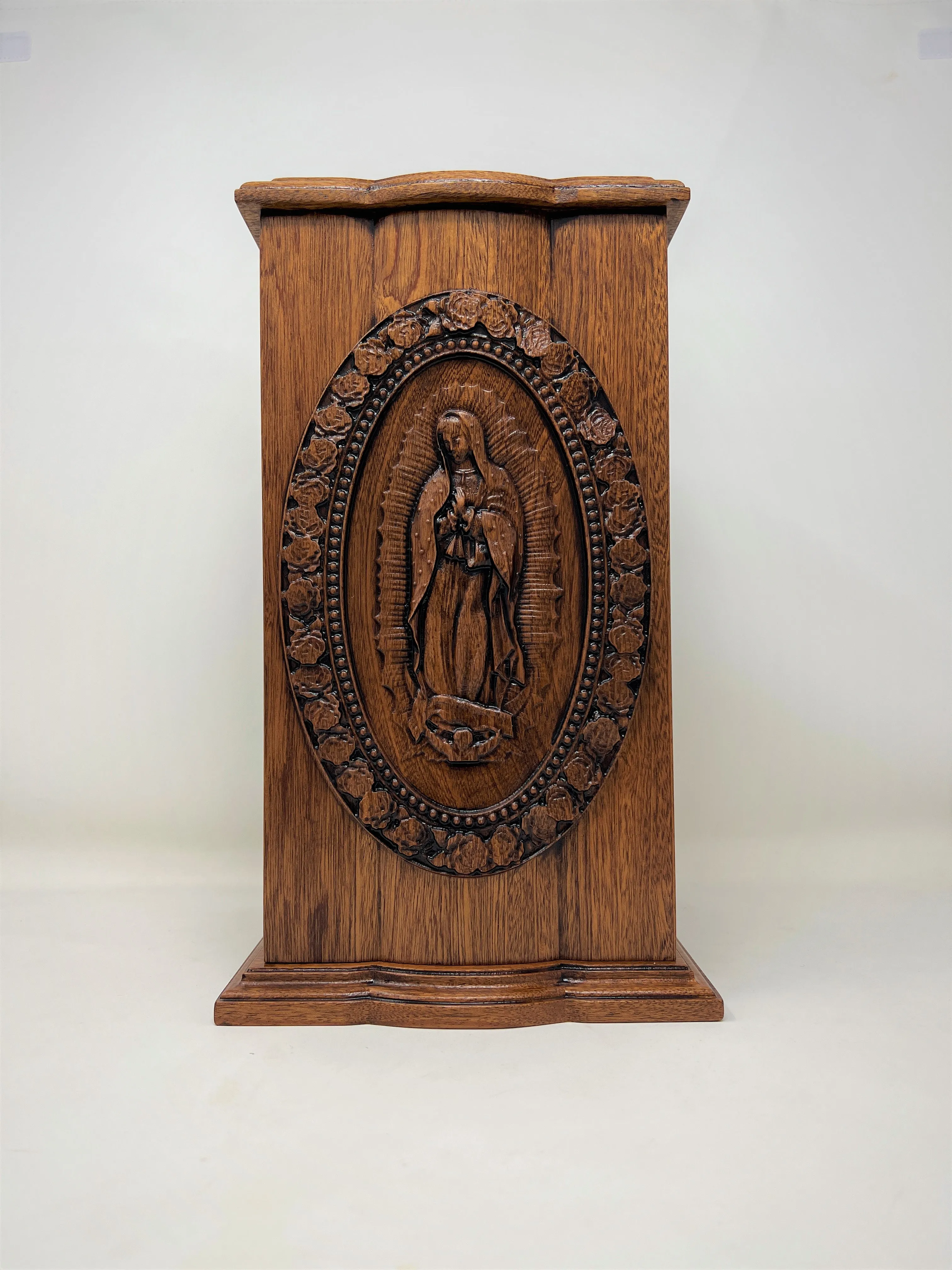 Hand-Carved Our Lady of Guadalupe Vertical Mahogany Urn