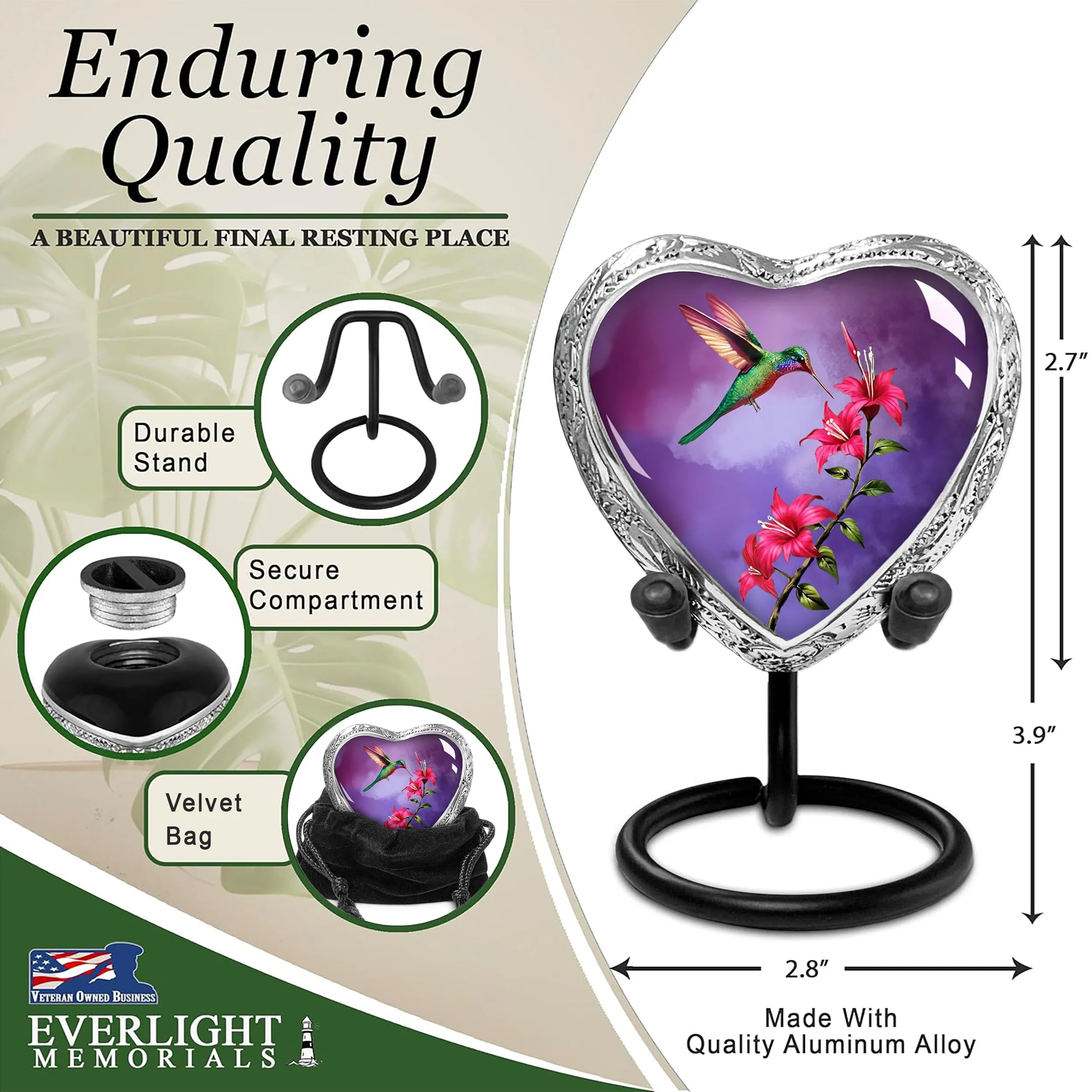 Heart Shaped Small Keepsake Cremation Urns for Human Ashes - Purple Hummingbird