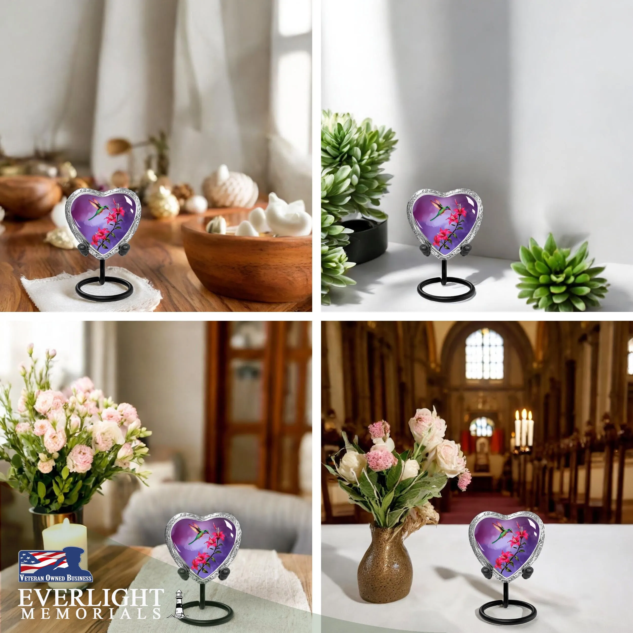 Heart Shaped Small Keepsake Cremation Urns for Human Ashes - Purple Hummingbird