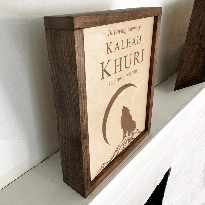 Howling Wolf Wall Mounted Wood Cremation Urn Plaque
