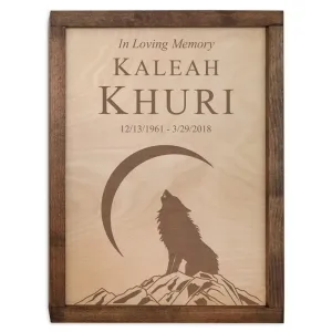 Howling Wolf Wall Mounted Wood Cremation Urn Plaque