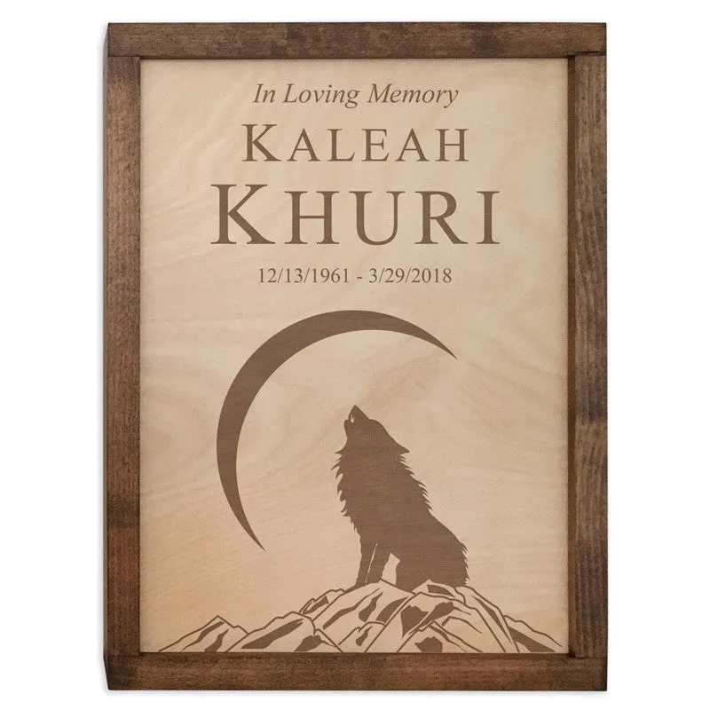 Howling Wolf Wall Mounted Wood Cremation Urn Plaque