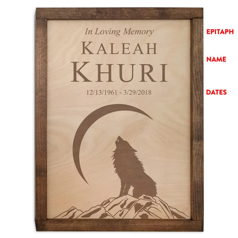 Howling Wolf Wall Mounted Wood Cremation Urn Plaque