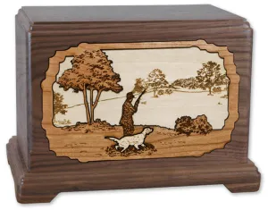 Hunter & Dog Cremation Urn with Wood Inlay Art