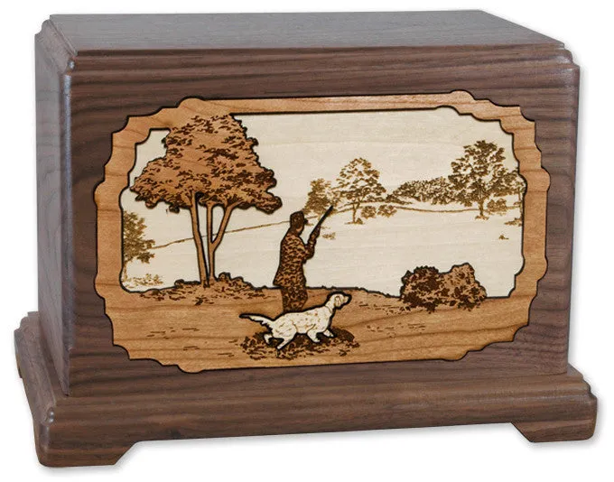 Hunter & Dog Cremation Urn with Wood Inlay Art