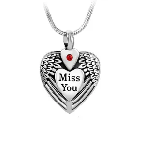 J-060 - “Miss You” Heart with Angel Wings - Silver-tone - Pendant with Chain