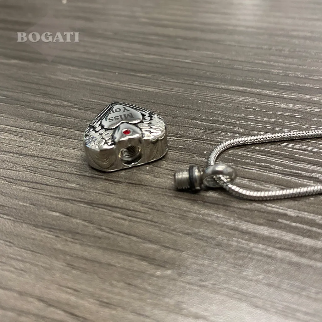 J-060 - “Miss You” Heart with Angel Wings - Silver-tone - Pendant with Chain