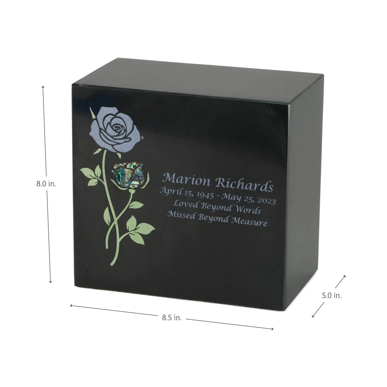 Keystone Black Marble Cremation Urn With Roses   Opulent Blue Inlay