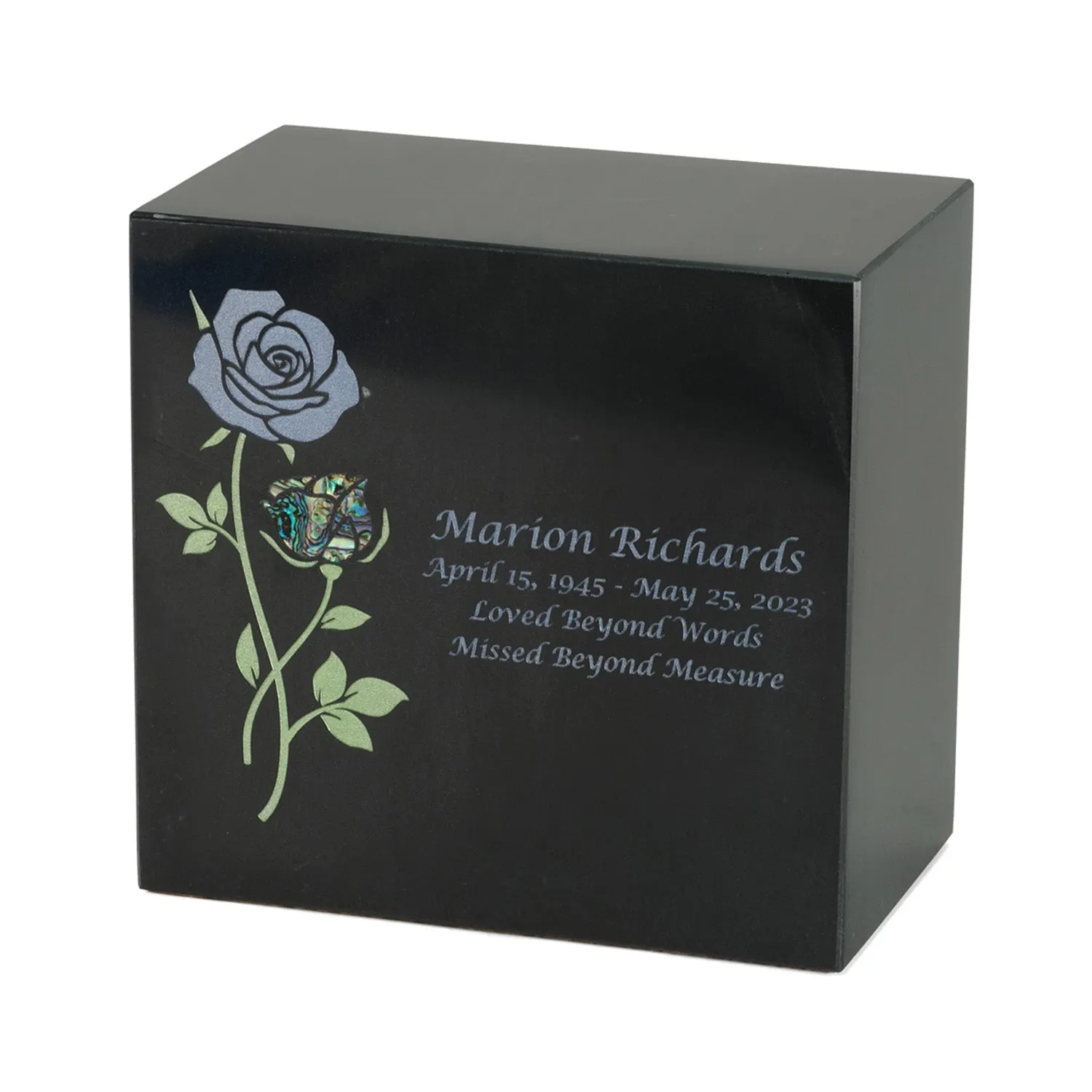 Keystone Black Marble Cremation Urn With Roses   Opulent Blue Inlay