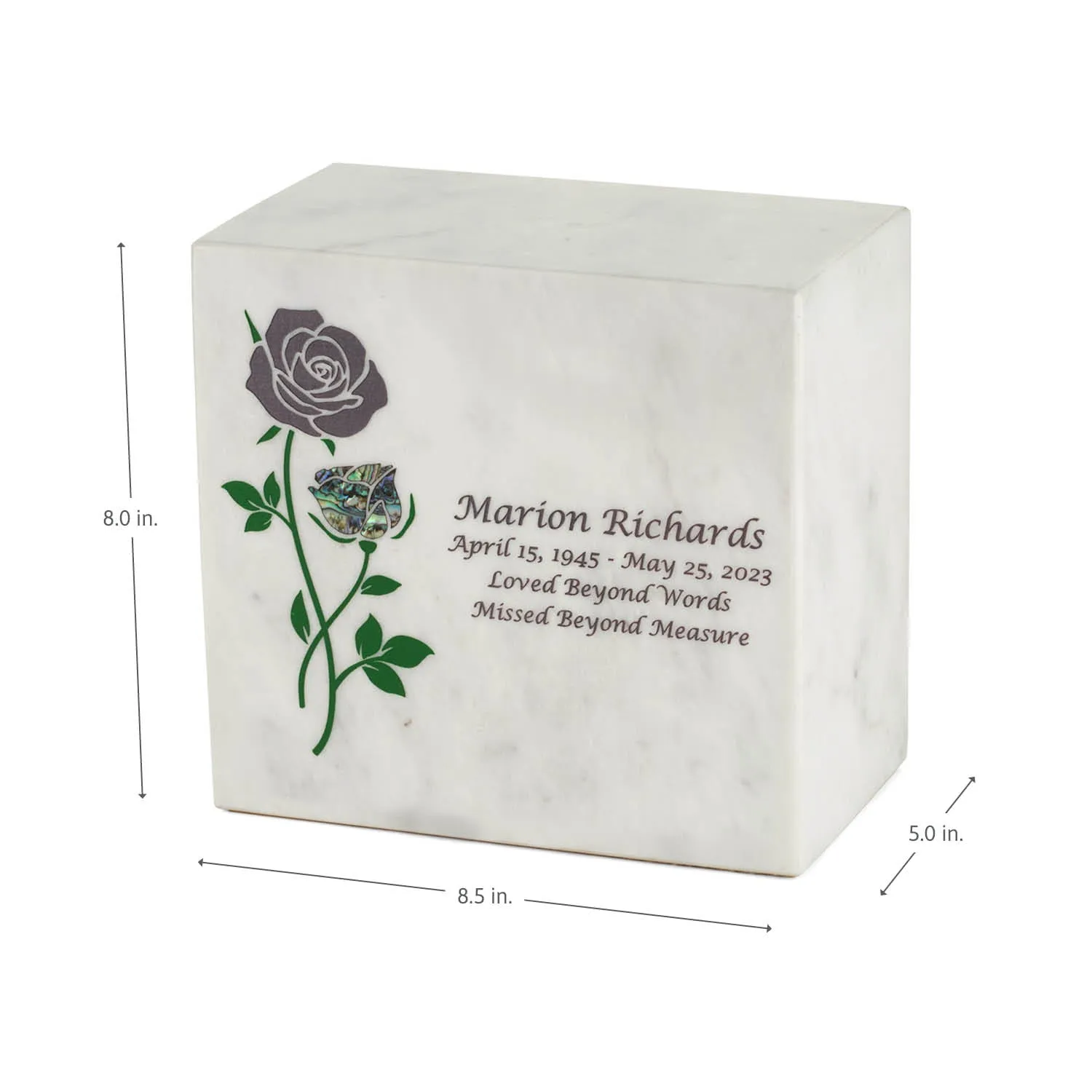 Keystone White Marble Cremation Urn With Roses   Opulent Blue Inlay