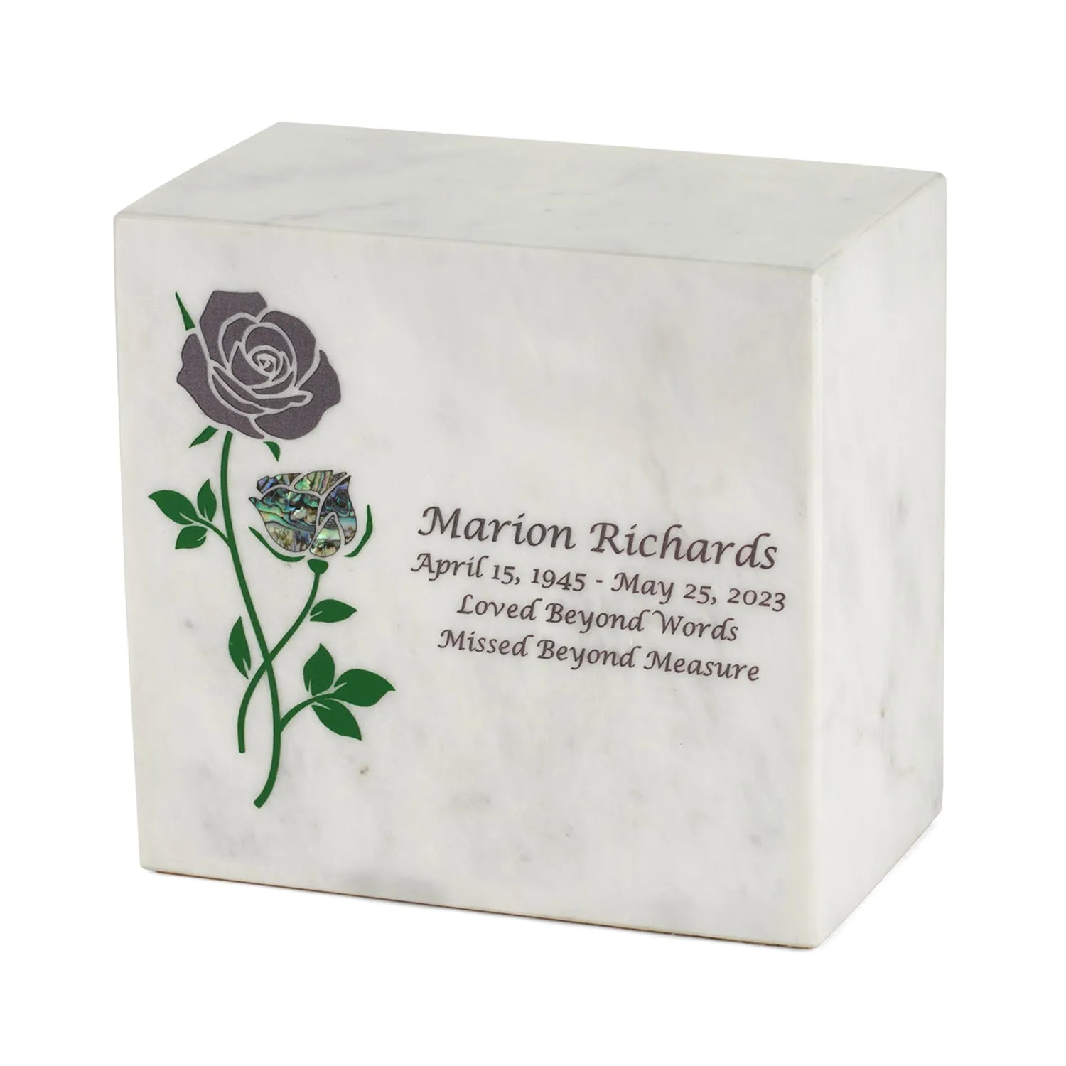Keystone White Marble Cremation Urn With Roses   Opulent Blue Inlay
