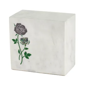 Keystone White Marble Cremation Urn With Roses   Opulent Blue Inlay
