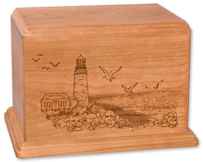 Laser Carved Wood Cremation Urn - Lighthouse (Made in USA)