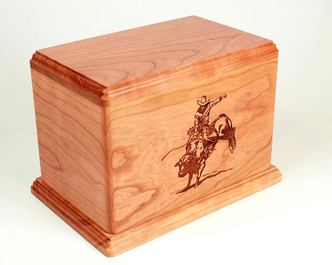 Laser Carved Wood Cremation Urn - Rodeo Bull Rider (Made in USA)