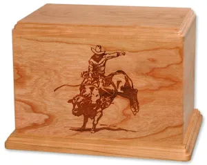 Laser Carved Wood Cremation Urn - Rodeo Bull Rider (Made in USA)
