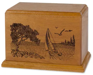 Laser Carved Wood Cremation Urn - Sailboat (Made in USA)