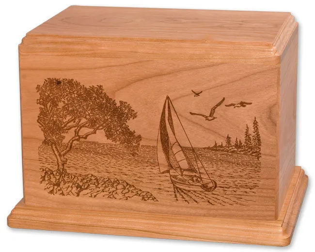 Laser Carved Wood Cremation Urn - Sailboat (Made in USA)