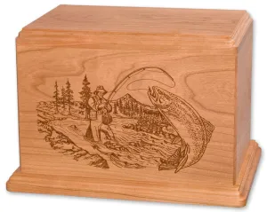 Laser Carved Wood Cremation Urn - Stream Fishing (Made in USA)