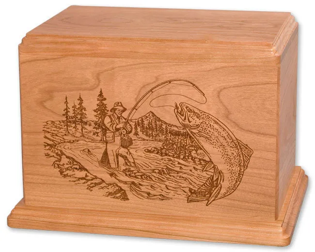 Laser Carved Wood Cremation Urn - Stream Fishing (Made in USA)
