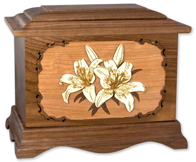 Lilies Cremation Urn with Floral Wood Inlay Art