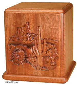 Mahogany Wood Cremation Urn with Desert Cactus Scene Made in the USA