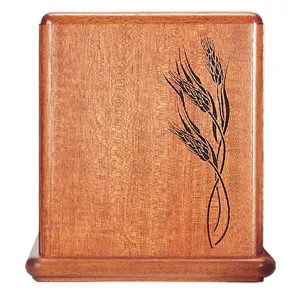 Mahogany Wood Cremation Urn with Farmer Wheat Made in the USA