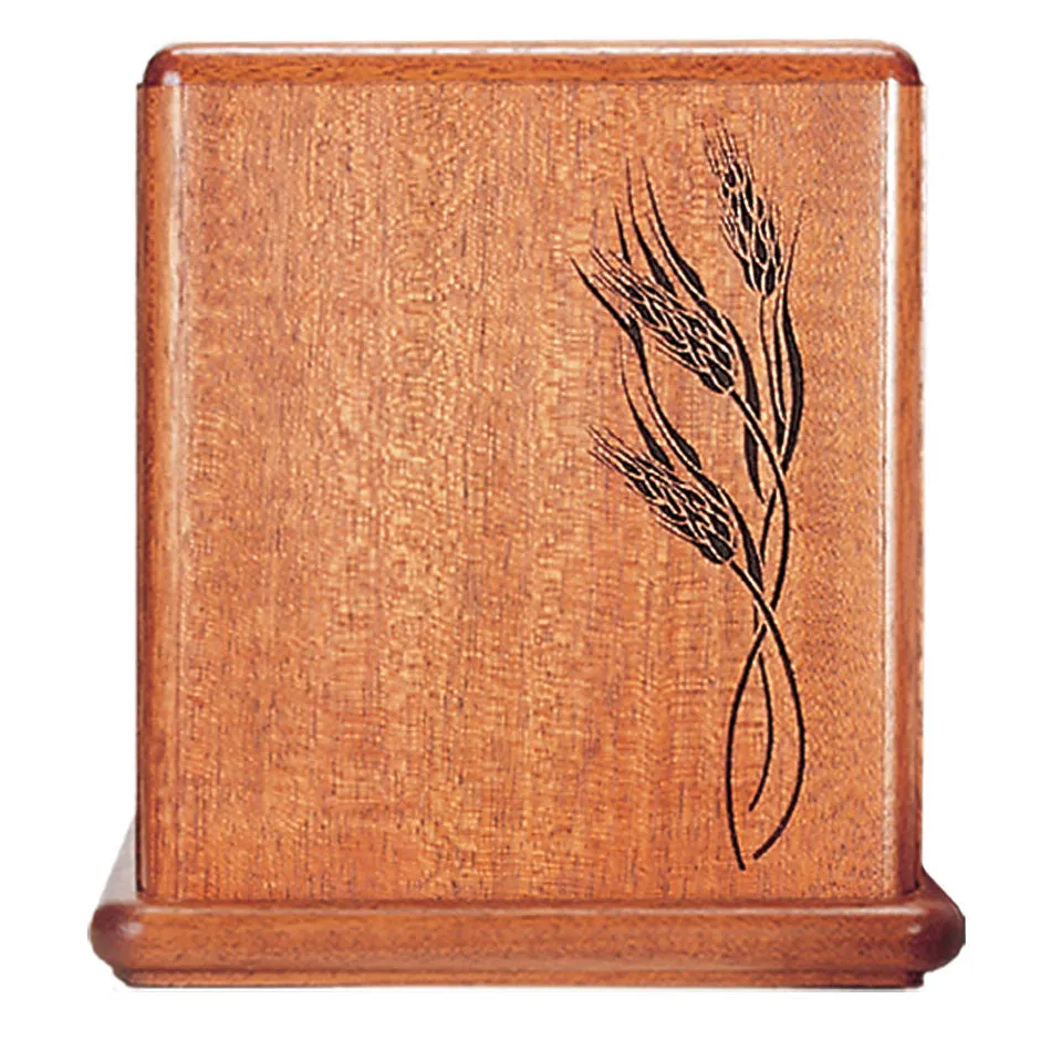 Mahogany Wood Cremation Urn with Farmer Wheat Made in the USA