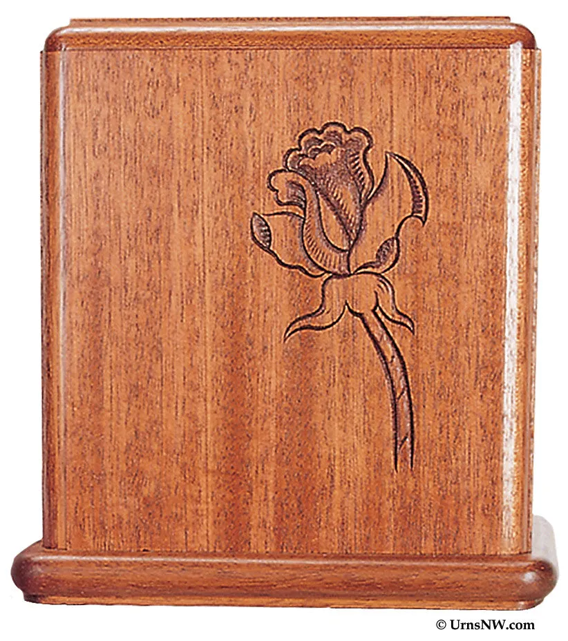 Mahogany Wood Cremation Urn with Rose Made in the USA