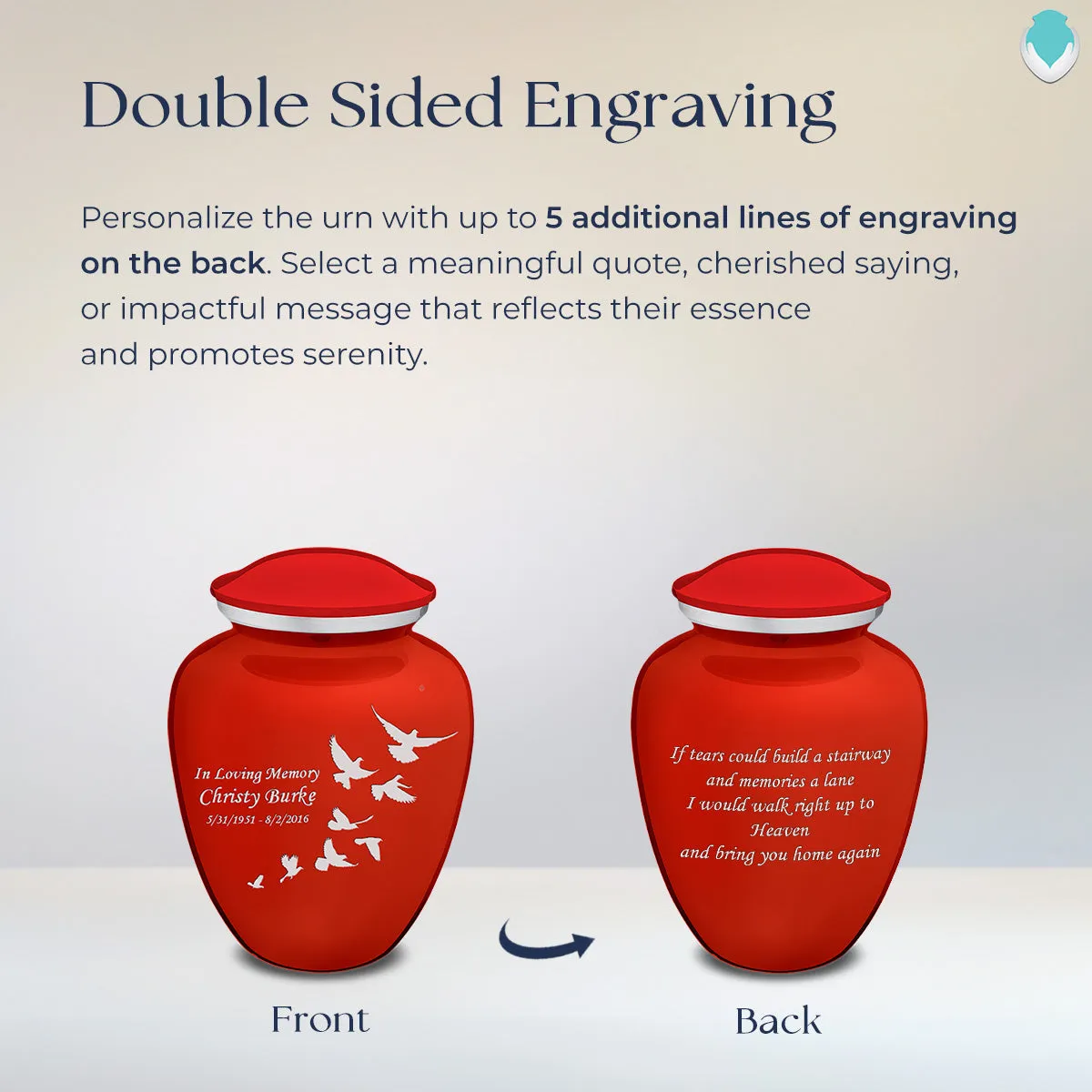 Medium Embrace Bright Red Doves Cremation Urn