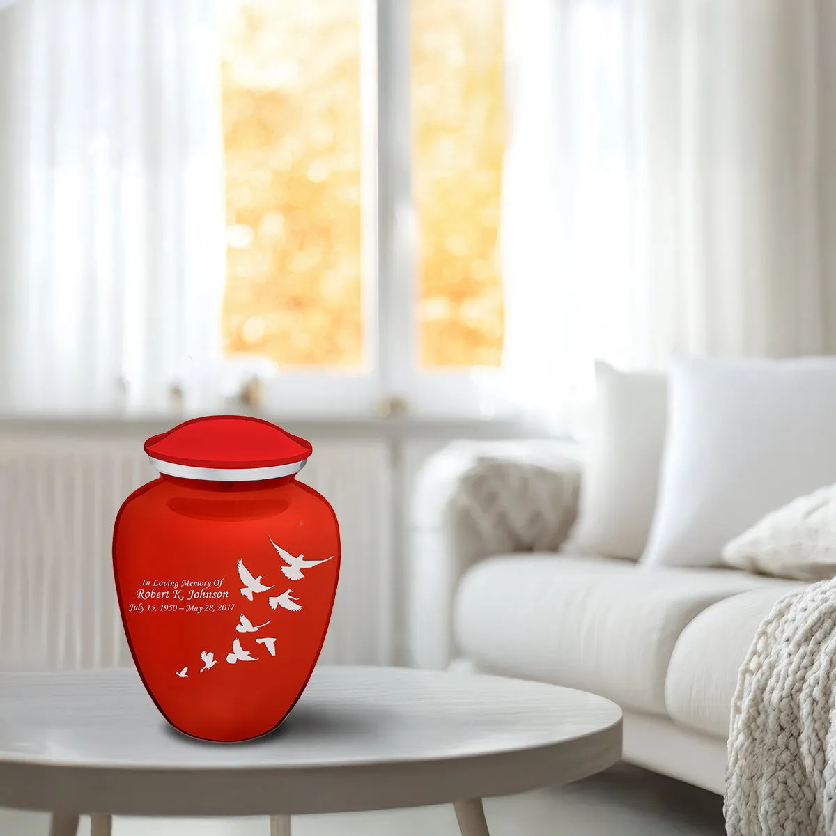 Medium Embrace Bright Red Doves Cremation Urn