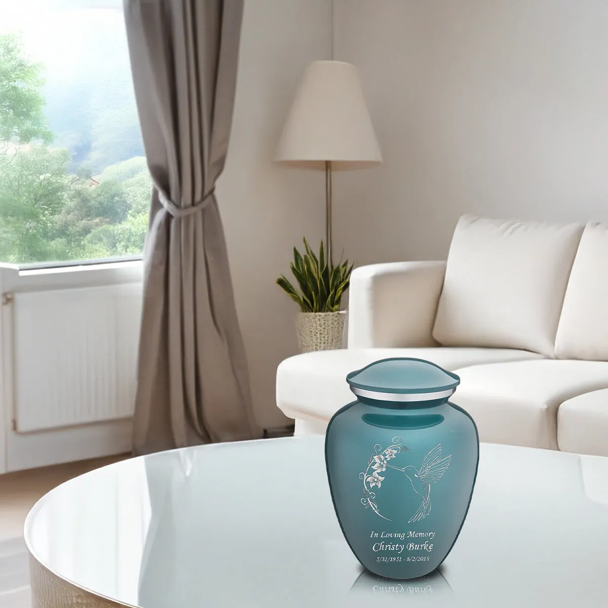 Medium Embrace Teal Hummingbird Cremation Urn