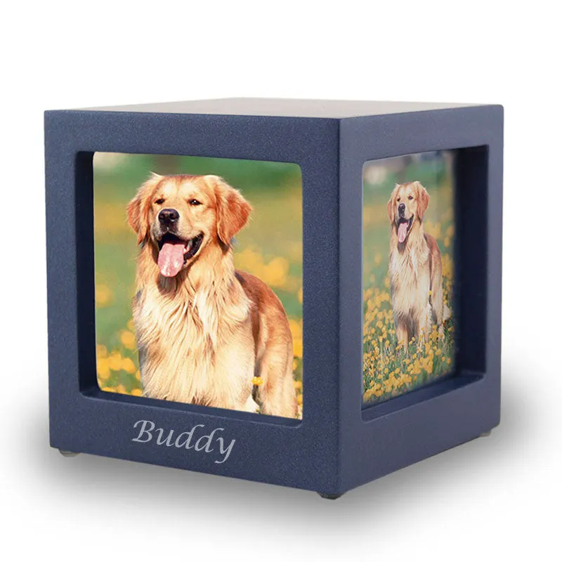 Navy Pet Photo Cube Urn In Small
