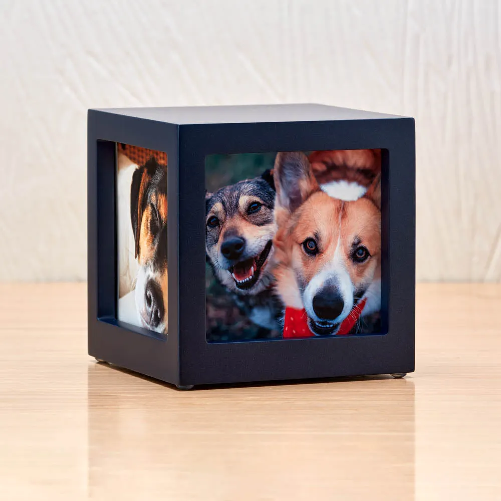Navy Pet Photo Cube Urn In Small