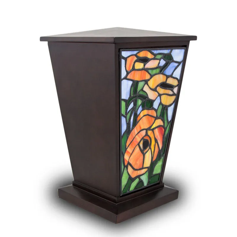 Red & Orange Poppy Stained Glass Cremation Urn