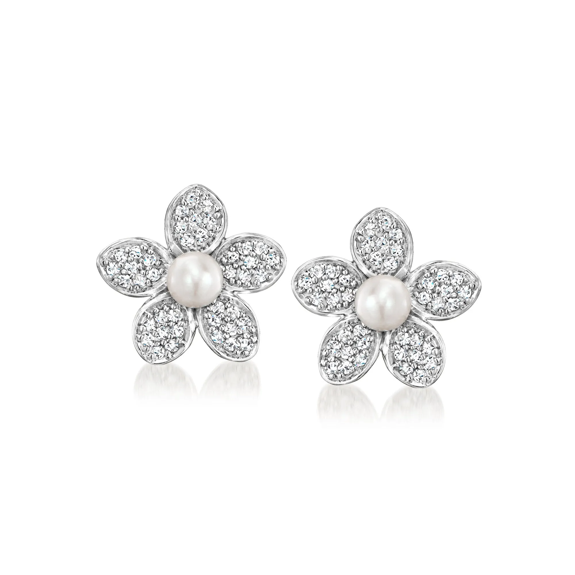Ross-Simons 3-3.5mm Cultured Pearl and . Diamond Flower Earrings in Sterling Silver