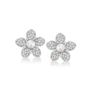 Ross-Simons 3-3.5mm Cultured Pearl and . Diamond Flower Earrings in Sterling Silver