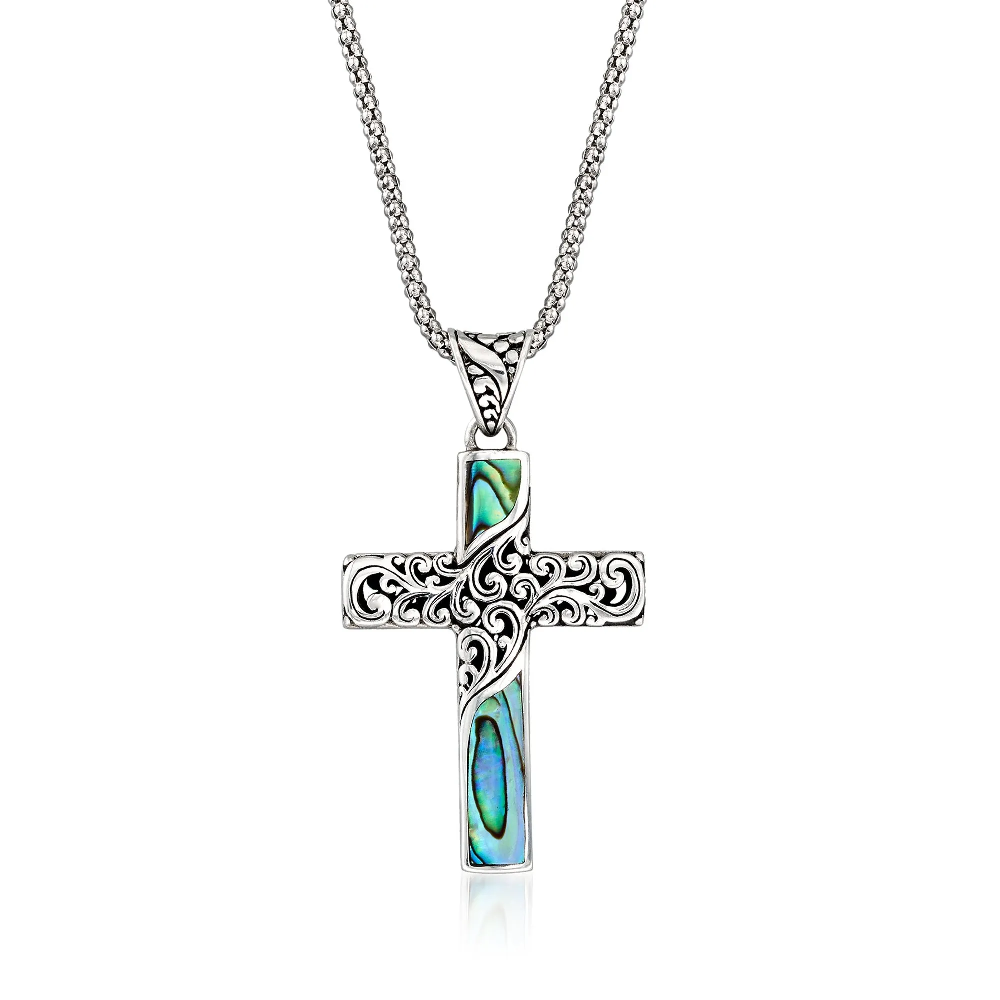 Ross-Simons Black Abalone Shell Bali-Style Cross Pendant Necklace in Sterling Silver