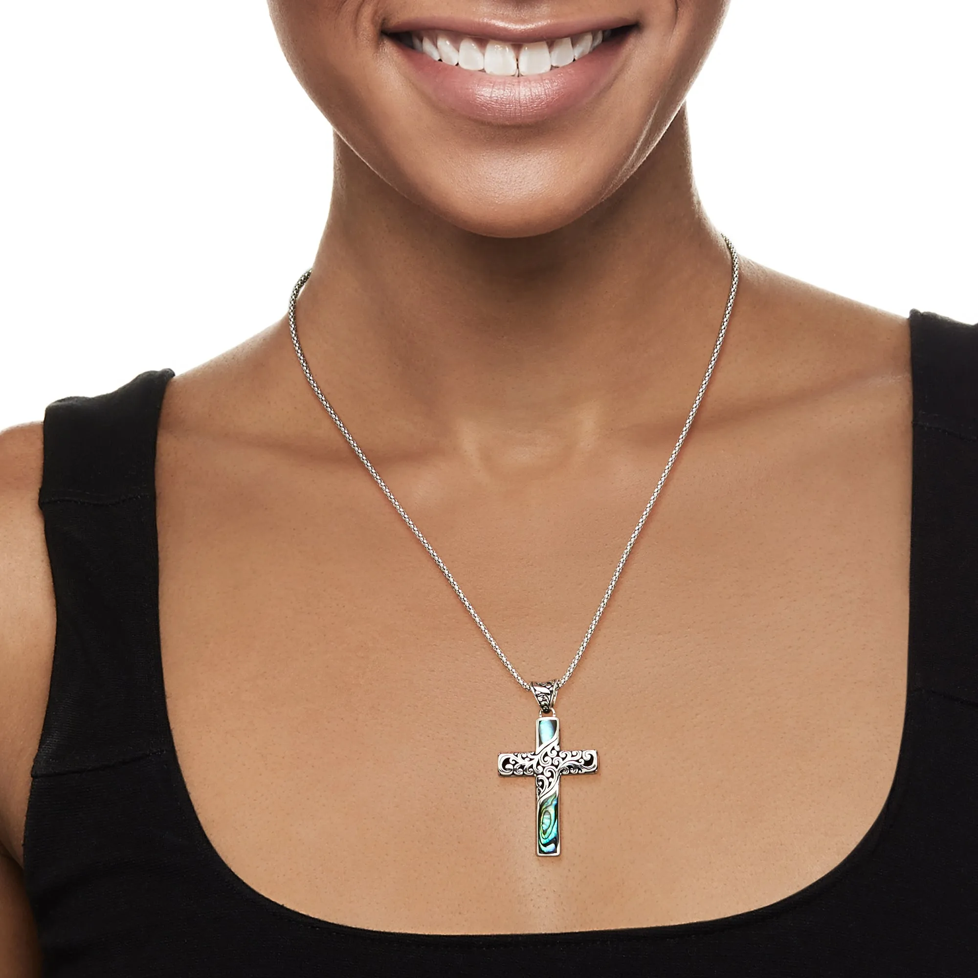 Ross-Simons Black Abalone Shell Bali-Style Cross Pendant Necklace in Sterling Silver