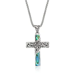 Ross-Simons Black Abalone Shell Bali-Style Cross Pendant Necklace in Sterling Silver