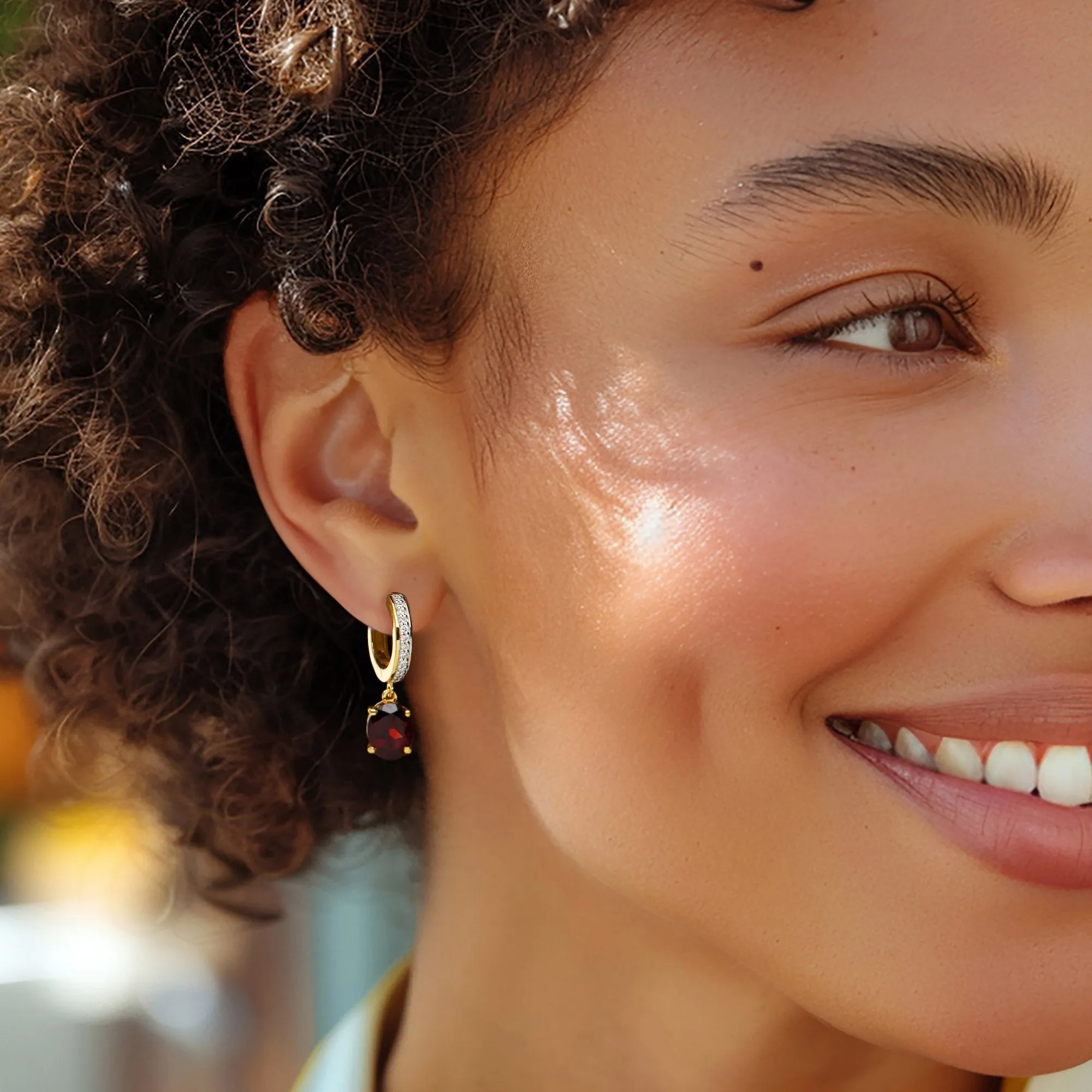 Ross-Simons Garnet and . Lab-Grown Diamond Hoop Drop Earrings in 18kt Gold Over Sterling