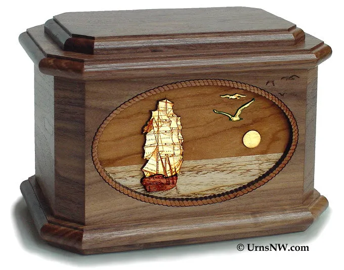 Sailing Ship Octagon Urn with 3D Inlay Wood Art