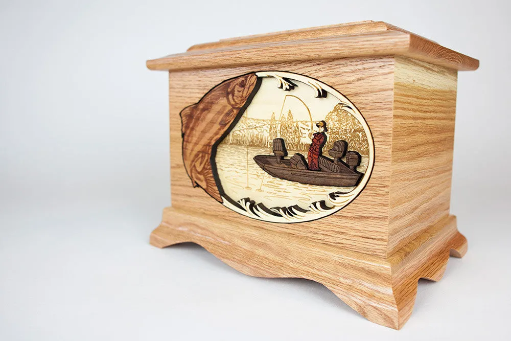 Salmon Boat Fishing Cremation Urn with Inlay Wood Art
