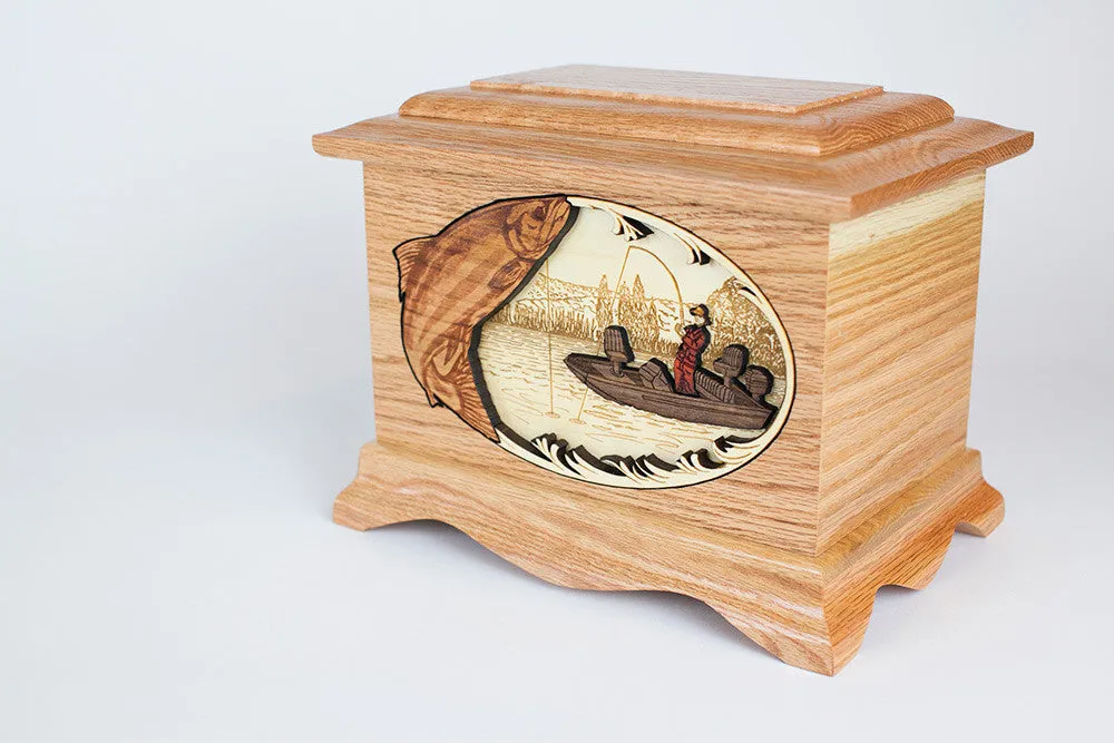 Salmon Boat Fishing Cremation Urn with Inlay Wood Art