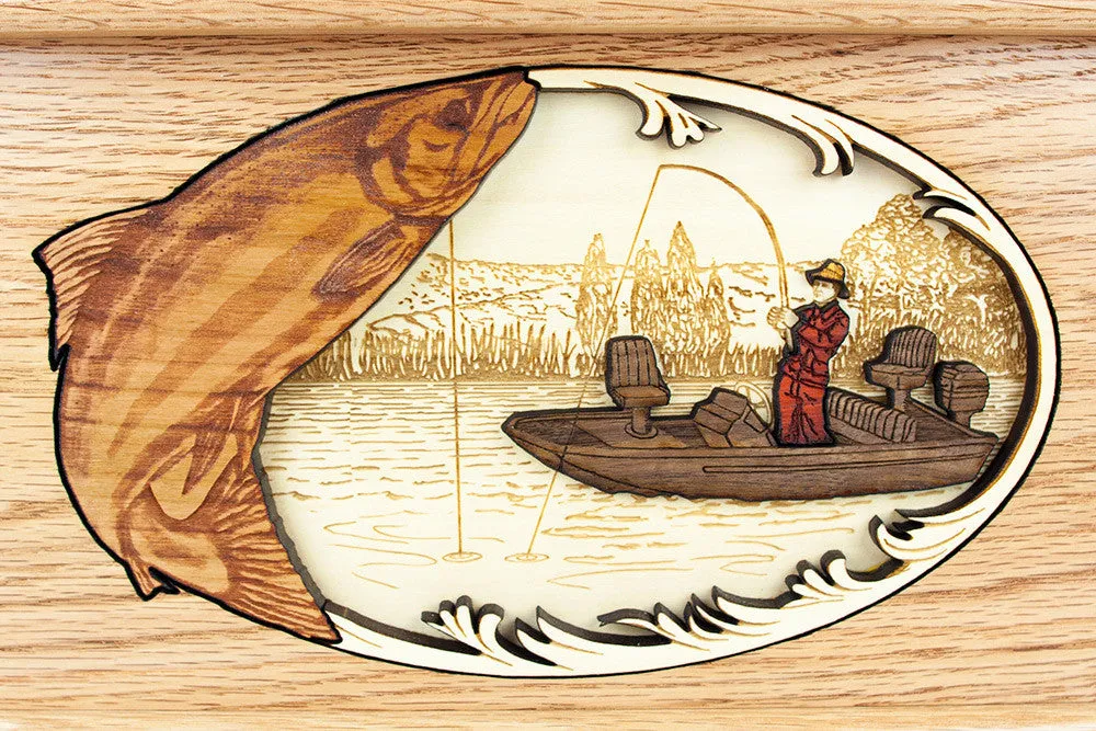 Salmon Boat Fishing Cremation Urn with Inlay Wood Art